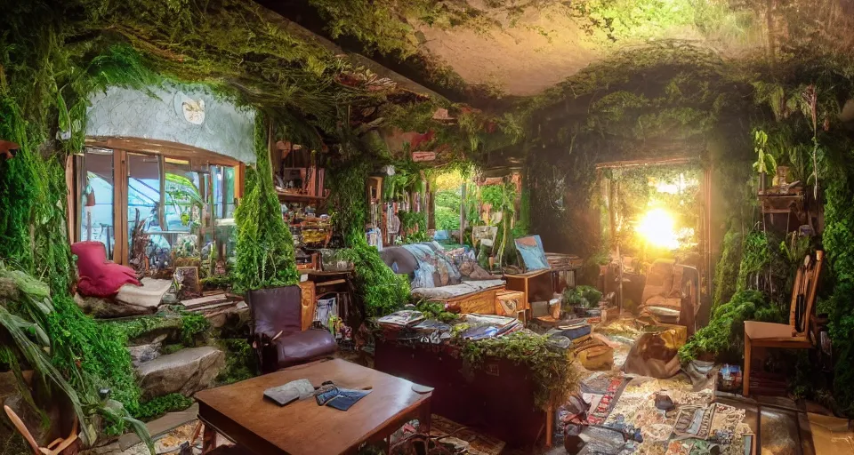 Image similar to a cozy mancave with an overgrown entrance, studio Ghibli style, golden hour