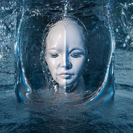 Image similar to a water sculpture in the shape of a human head, on the ocean water, water manipulation photoshop, behance, ray tracing, cinematic, in the style of johnson tsang, long shot, hyper detailed, hyper realistic, 8 k resolution, sharp focus, realistic water, award winning