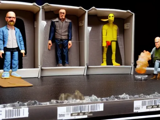 Image similar to a breaking bad action figure set with Saul Goodman, Walter white, and Jesse pinkman