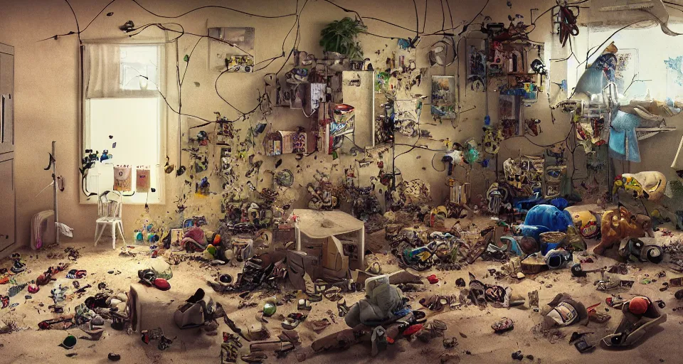 Image similar to IKEA catalogue photo, cyberpunk childrens bedroom, toys, mess, drawings, sand piled in corners, dust, organic, vines, overgrown, tropical, by Beksiński