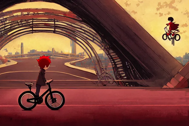 Prompt: a boy riding his bike alone through a giant red bridge, high intricate details, rule of thirds, golden ratio, cinematic light, anime style, graphic novel by fiona staples and dustin nguyen, by beaststars and orange, peter elson, alan bean, studio ghibli, makoto shinkai