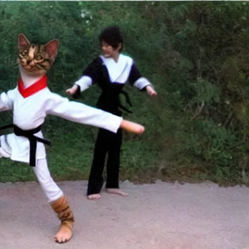 Image similar to realistic photo of a humanoid cat wearing a karate uniform in fighting pose