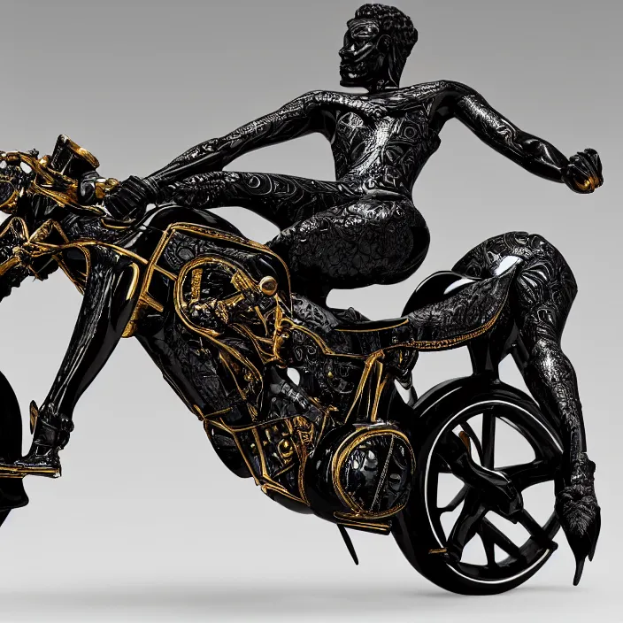 Prompt: fine art statue of black egyptian man on a surrealist motorbike, ebony art deco, carved black marble, inlaid with ebony and gold accents, ebony rococo, wings black lace wear, spider zero, zaha hadid, beautifully lit, hyper detailed, intricate, elite, ornate, photorealistic, micro details, 3 d sculpture, ray trace