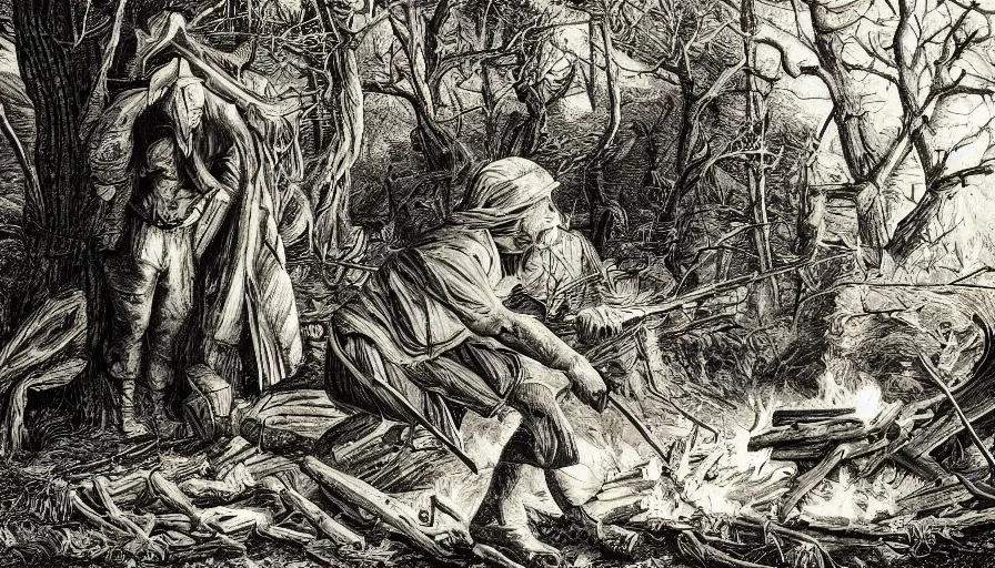 Prompt: a fanatical zealot by a fire in the woods, intricate details, dramatic light, establishing shot