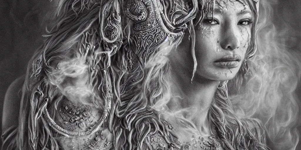 Image similar to Closeup of realistic asian Sumerian Death Goddess chalk skin etched with runic icons + mystical symbols, with small bleached bones covering vest and flowing electricity and smoke , fantasy, intricate, elegant, highly detailed, digital painting, artstation, concept art, matte, sharp focus, photoreal, ghostbusters poster, art by Artgerm and peter mordenbacher,Mike Winkelmann, photo real, ultra realistic, intricate, epic lighting, 8k resolution, unreal engine 5, ultraviolet colors