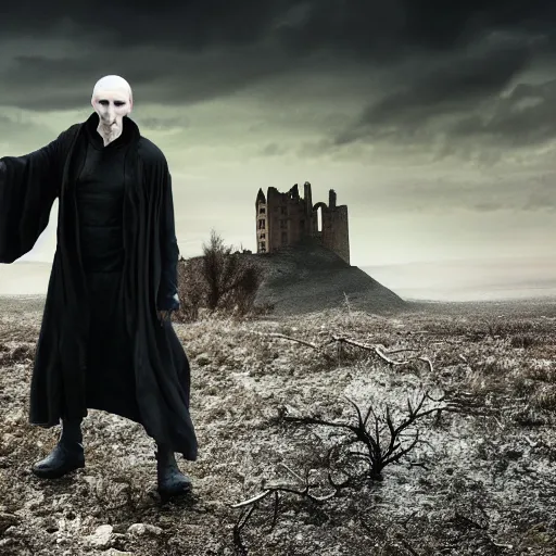 Prompt: voldemort putin as a dementor slowly slithering across a barren desert wasteland and melting into the darkness around him, slug, hd face photo, 8k, surrealism, painting, ultra realistic, moody, foggy, desolate, forlorn, sad, decrepit ruins, twisted gnarled trees, broken castles, hungering void