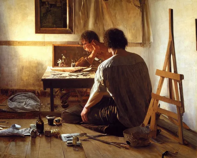 Image similar to an exhausted painter in his studio painting a picture of a beautiful girl - key lighting, soft lights, by steve hanks, by edgar maxence, by caravaggio, by michael whelan, by delacroix, by serov valentin, by tarkovsky, 8 k render, detailed, oil on canvas