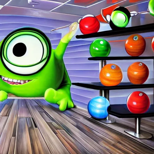 Image similar to a drawing of Mike wazowski sat inbetween a set of bowling balls, on a rack, at the bowling alley, Pixar animation, dynamic lighting, portrait, detailed, cinematic, 4k