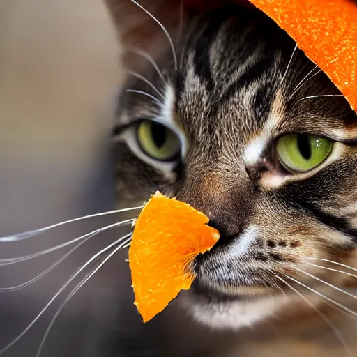 Image similar to photorealistic photograph of a cat wearing an orange peel as a hat by suzi eszterhas, fruit helmet, photorealism, photorealistic, realism, real, highly detailed, ultra detailed, detailed, f / 2. 8 l canon ef is lens, canon eos - 1 d mark ii, wildlife photographer of the year, pulitzer prize for photography, 8 k