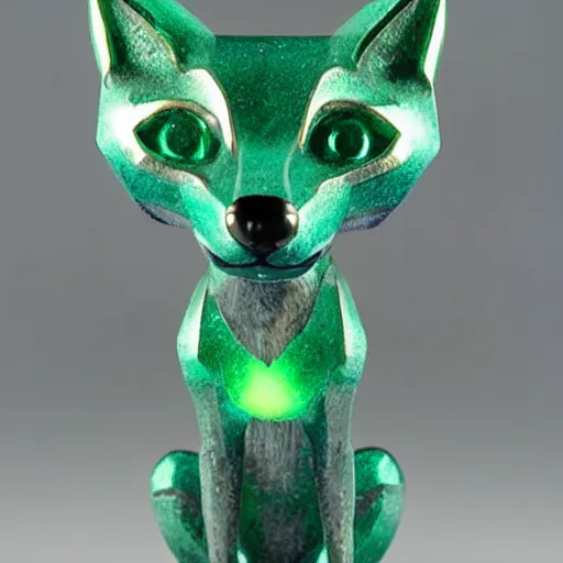 Prompt: Emerald Fox sculpture with glowing purple eyes