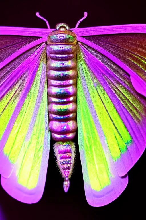 Prompt: high quality close-up photo pearlescent moth! jeweled gorgeous! highly detailed david ligare elson peter cinematic purple neon lighting high quality low angle hd 8k sharp shallow depth of field