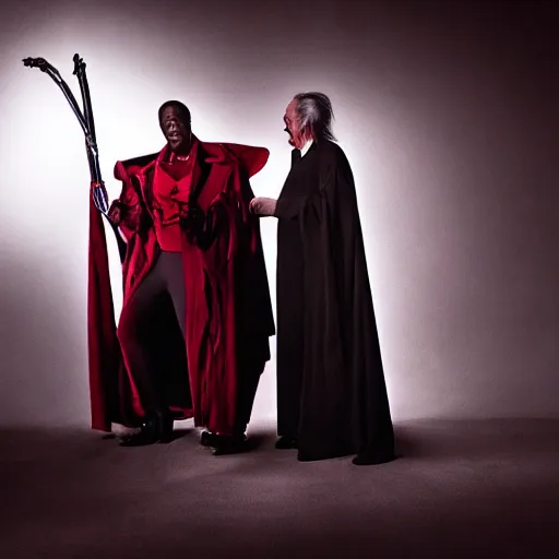 Prompt: Photoshoot of Wesley Snipes as Blade and Christopher Lee as Dracula in the Style of Annie Leibovitz, Studio Lighting