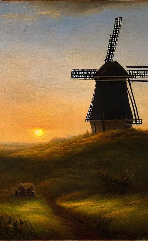 Image similar to a beautiful landscape in the netherlands with a windmill at sunset, in the style of francis danby