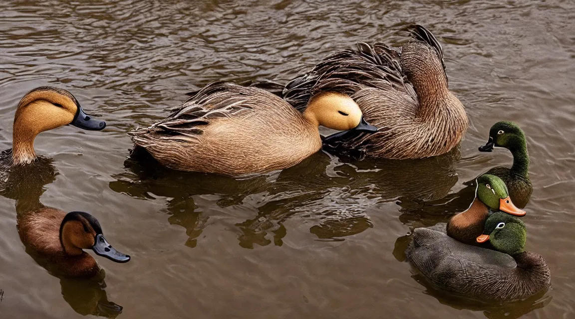 Prompt: a duck and a worm being best friends, photo realistic, professional photo, by Steve McCurry