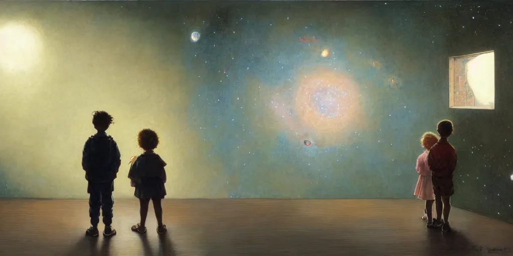 Image similar to a 5 year old boy and 1 2 year old girl looking at a wall and viewing the universe full of galaxies, imagination, part by norman rockwell, part by greg rutkowski, part by mattias adolfsson, high angle, ( ( ( ( volumetric lighting ) ) ) ), oil on canvas