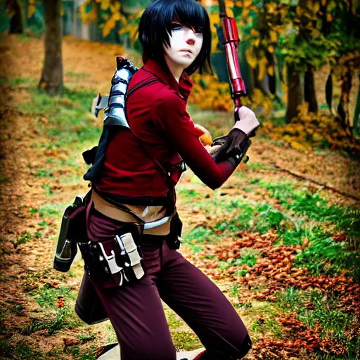 Prompt: ( cosplay ) photo of ( mikasa ackerman ) from attack on titan, cinematic colors, high detail, by bleda elsa