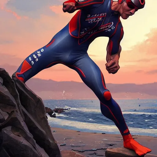 Prompt: a triathlete finishing ironman race, tired!!, dynamic action pose, intricate, highly detailed, digital painting, artstation, concept art, smooth, sharp focus, illustration, unreal engine 5, 8 k, art by artgerm and greg rutkowski and alphonse mucha