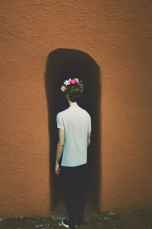 Image similar to kodak portra 4 0 0 photograph of a skinny guy looking into a otherworldly portal, flower crown, back view, vaporwave colors, grain, moody lighting, moody aesthetic,