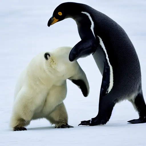 Image similar to a penguin fighting a polar bear