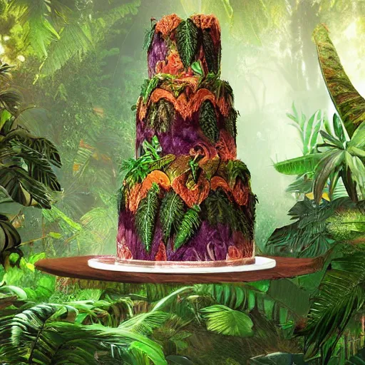 Prompt: jungle cake, ultra realistic, ultra detailed, lush, beautiful, digital art,