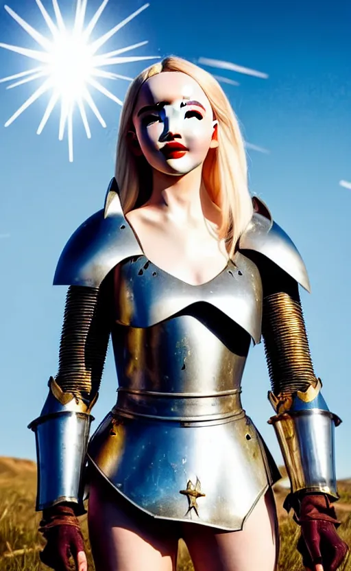 Image similar to dove cameron in a knight armor, full plate, photography, movie poster, red lipstick, leather, blood stains, hair in the wind, shiny metal armor, gold, victorious on a hill, battlefield, blue sky, sunshine, lens flare, hard light, full body, sword pointed at sky