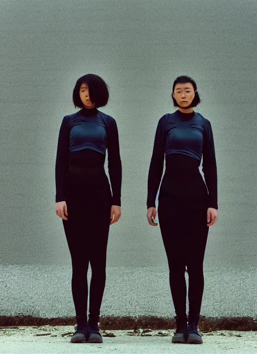 Prompt: cinestill 5 0 d photographic portrait of two clones standing in front of a brutalist metal building, techwear women on a desolate plain, closeup, depth of field, 4 k, 8 k, hd, full color