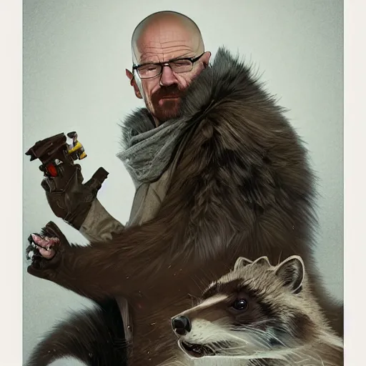 Prompt: walter white and a raccoon, intricate, highly detailed, digital painting, artstation, concept art, smooth, sharp focus, illustration, unreal engine 5, 8 k, art by artgerm and greg rutkowski and alphonse mucha