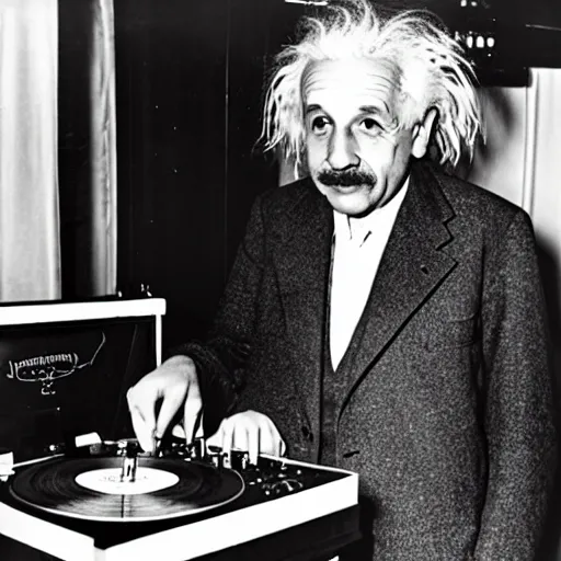 Image similar to color photograph of Albert Einstein DJing a record player at a nightclub, color photograph