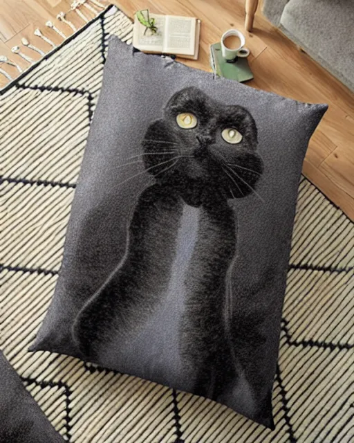 Prompt: 'huge black cat sitting on pillow' by junji ito