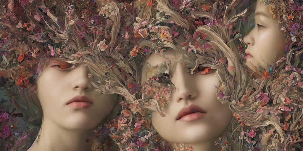 Image similar to breathtaking detailed concept art painting kaleidoscope art deco pattern of blonde faces goddesses amalmation flowers, by hsiao - ron cheng, bizarre compositions, exquisite detail, extremely moody lighting, 8 k