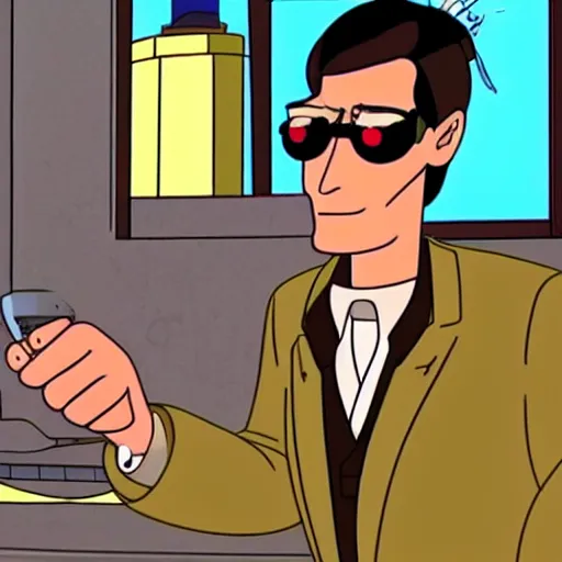 Prompt: film still of alain delon in futurama ( 1 9 9 9 ), animated serie