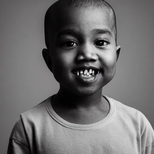 Image similar to the face of young kanye west wearing yeezy clothing at 3. 2 years old, black and white portrait by julia cameron, chiaroscuro lighting, shallow depth of field, 8 0 mm, f 1. 8