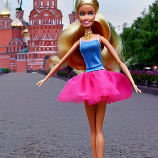 Prompt: barbie doll dancing on the background of the Kremlin