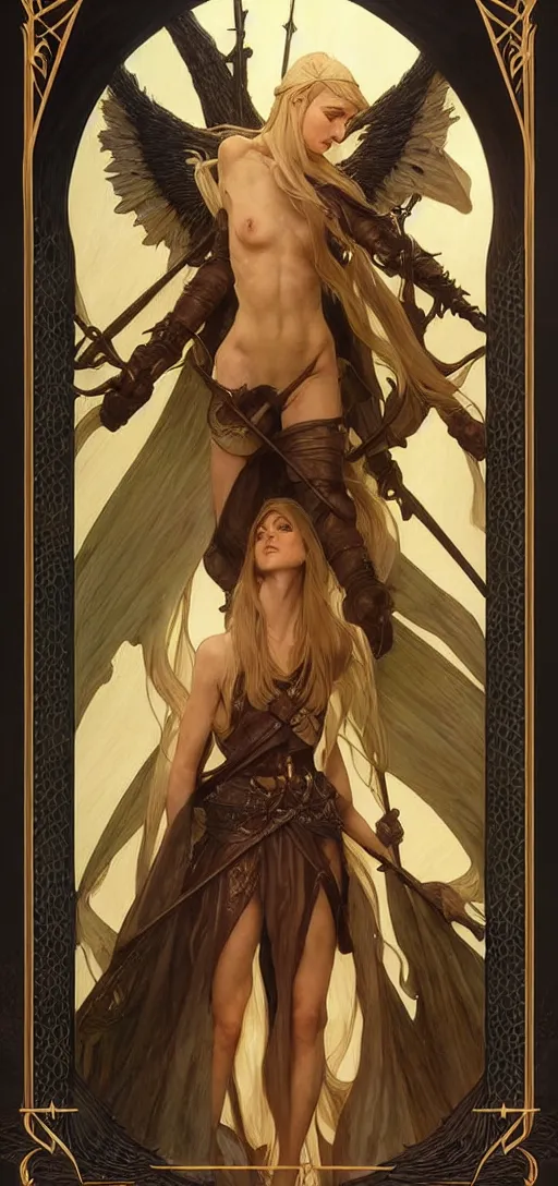 Image similar to perfectly detailed deedlit record of lodoss war tarot card!! blessed by nature with ever - increasing physical mental perfection, symmetrical! intricate, sensual features, highly detailed, biblical divine holy perfection!! digital painting, artstation, concept art, smooth, sharp focus, illustration, art by artgerm and greg rutkowski and alphonse mucha