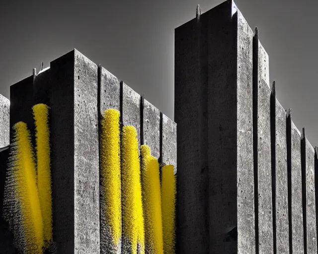 Prompt: Yellow sponges. Dark metal towers. Soft yellow spikes and sponges. Brutalism, dark concrete. Surreal wisps and wafts, a building made of yellow metal, dark sponge