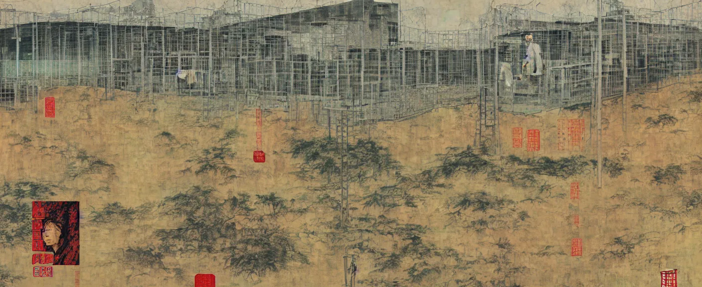 Image similar to a chinese prison near a river by peter doig, 4 k, muted colors, overlaid with chinese adverts