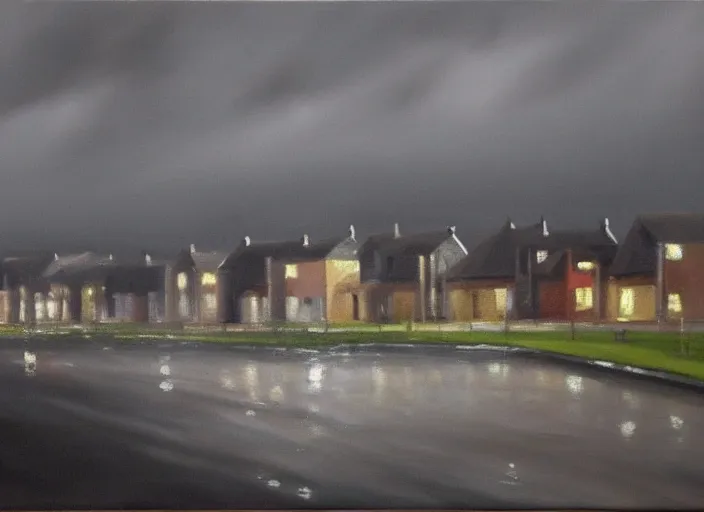 Prompt: oil landscape painting of a British housing estate, ambient light, grey skies and rain, high detail