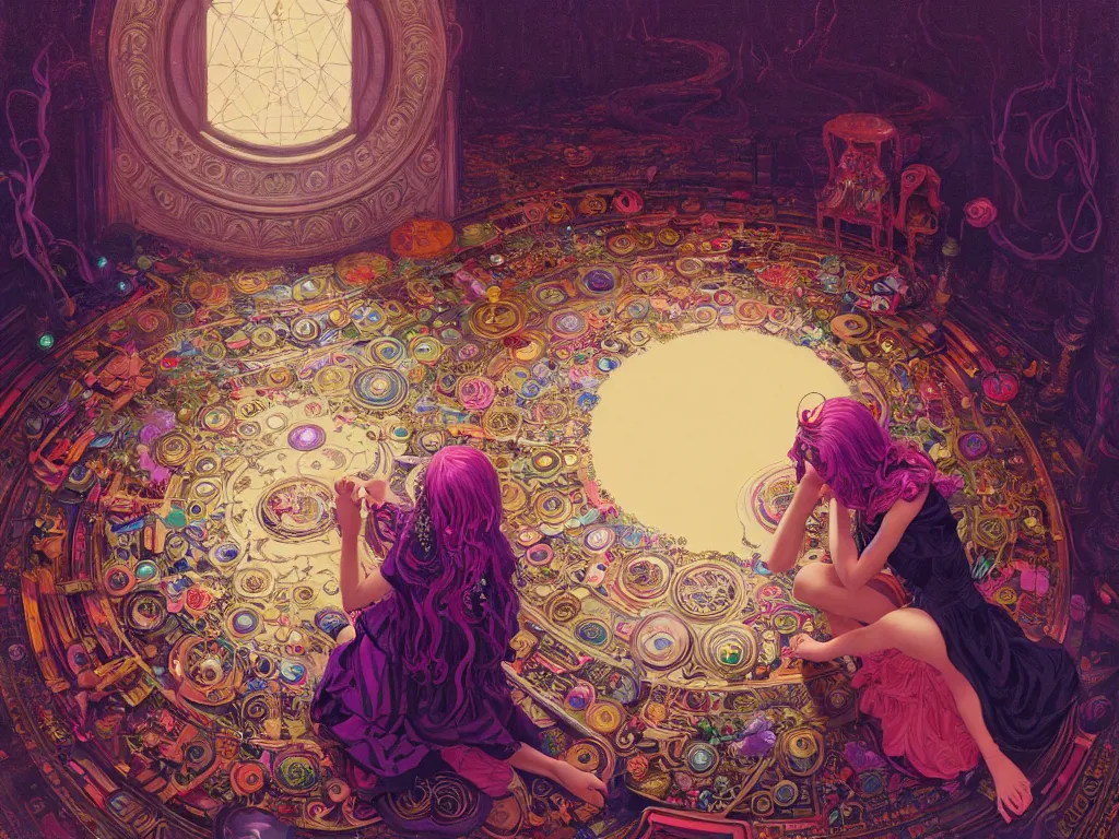 Image similar to high angle picture of a maximalist dress witch sitting on the floor and researching about the azathoth, extremely beautiful and aesthetic and detailed cute face, very huge magic circles on the hand, with familiar sprites, in the magic room, chiaroscuro, intricate, masterpiece, fantasy illustrations by ilya kuvshinov and jeremy lipking and quentin mabille