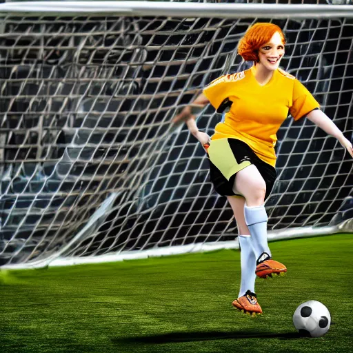 Prompt: Christina Hendricks as soccer player scoring goal, realistic, 4k,