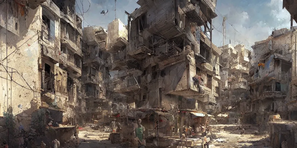 Prompt: hyper realistic, beautiful syrian slums village, cleaned up,, concept art, painted by greg rutkowski, highly detailed,