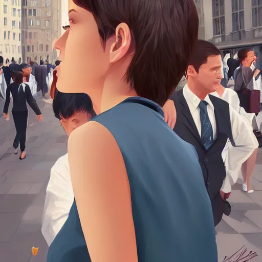 Prompt: cute beautiful girl with angel wings in suit crying in the Wall Street in the middle of the crowd, elegant, 2d, ultra highly detailed, digital painting, smooth, sharp focus, artstation, pixiv, art by Ilya Kuvshinov