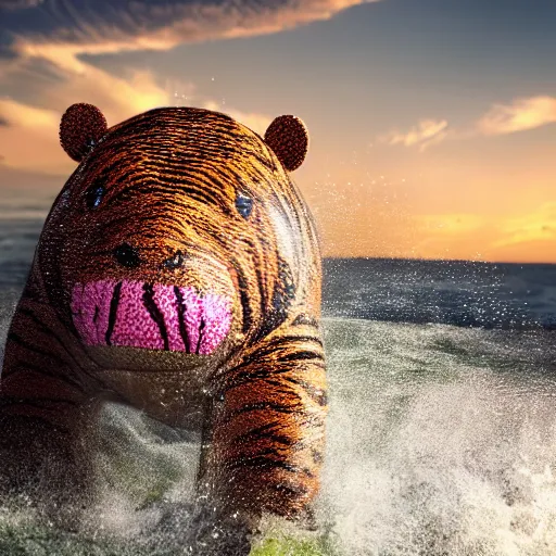 Image similar to a closeup photorealistic photograph of a cute smiling knitted tiger hippopotamus chasing a beachball at sunset. surf in the background. professional capture. this 4 k hd image is trending on artstation, featured on behance, well - rendered, extra crisp, features intricate detail, epic composition and the style of unreal engine.