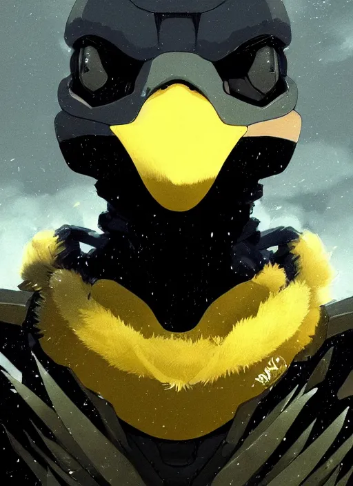 Prompt: portrait of a swan bird, black sky background, chaotic landscape, illustration concept art anime key visual trending pixiv fanbox by wlop and greg rutkowski and makoto shinkai and studio ghibli and kyoto animation, kaki body suit, odst, short body, yellow beak, military gear, grimdark, volumetric lighting