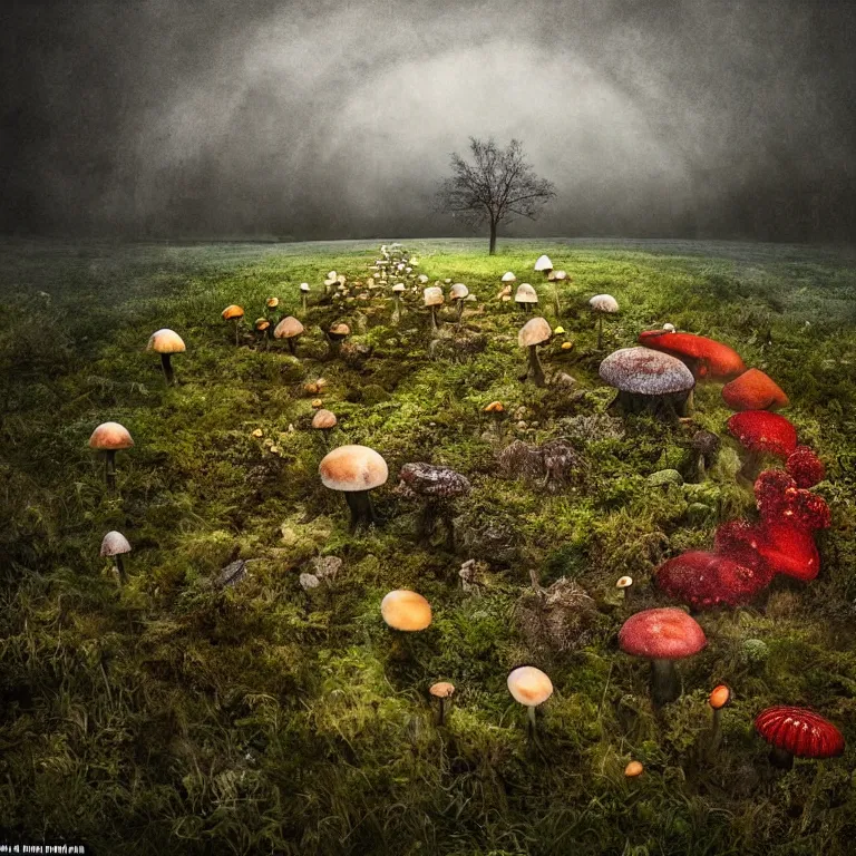 Image similar to a planet of various fungus, mushrooms, flowers and plants, inside the picture is infinity, Atmospheric, artistic photography, conceptual, long exposure outside the city, volumetric light