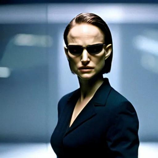 Image similar to close - up of natalie portman as agent smith in the matrix, movie still frame, promotional image, imax 7 0 mm footage