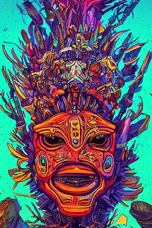 Image similar to totem animal tribal chaman vodoo mask feather gemstone plant wood rock video game illustration vivid color borderlands by josan gonzales and dan mumford radiating a glowing aura