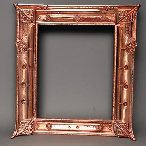 Image similar to a copper picture frame designed by Louis sullivan, patina, weathered, ornate