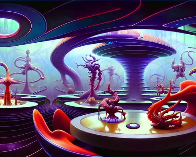 Image similar to a futuristic mcdonalds restaurant, fantasy landscape made of fractals facing each other, ultra realistic, wide angle, intricate details, the fifth element artifacts, highly detailed by peter mohrbacher, hajime sorayama, wayne barlowe, boris vallejo, aaron horkey, gaston bussiere, craig mullins