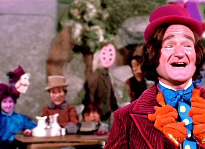 Image similar to film still of Robin Williams as Willy Wonka in Willy Wonka and the Chocolate Factory 1971