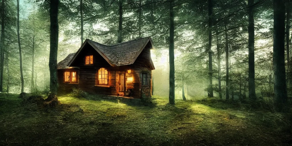 Image similar to a cottage in the woods, fantasy, hyper realistic, dramatic lighting, wide angle lens, 8k